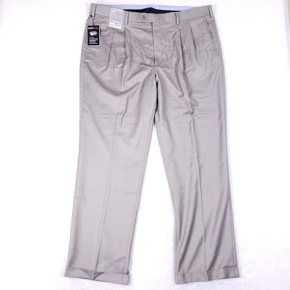 Roundtree & Yorke TravelSMART Pants 40x30 Classic Fit Pleated Gray Stretch